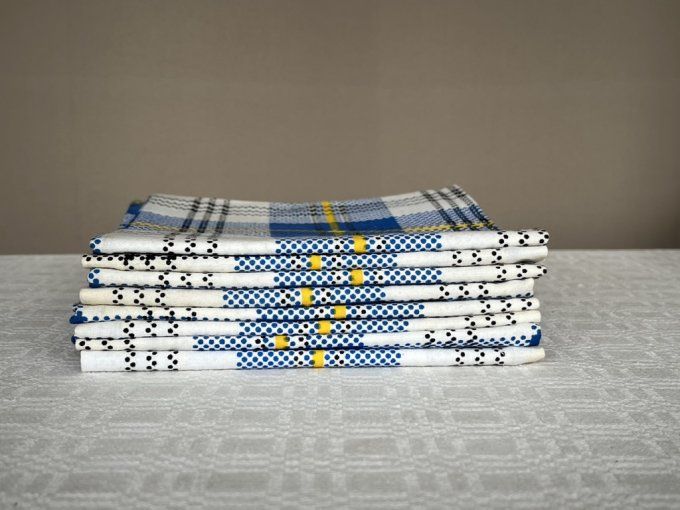6 serviettes de table vintage, tons bleu et jaune, Neuves