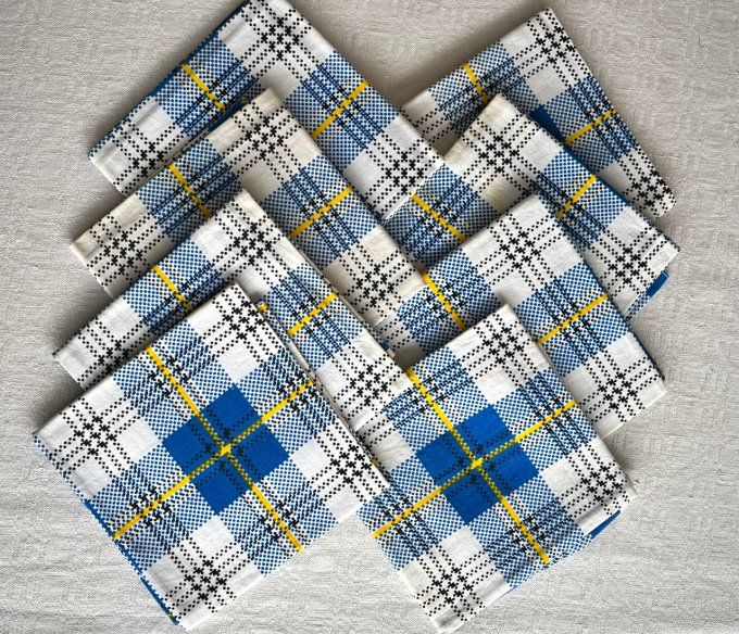 6 serviettes de table vintage, tons bleu et jaune, Neuves