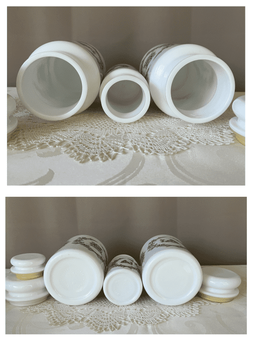 Ensemble de 3 bocaux de type apothicaire en verre d'opale blanc, Vintage, 2 grands et 1 petit 