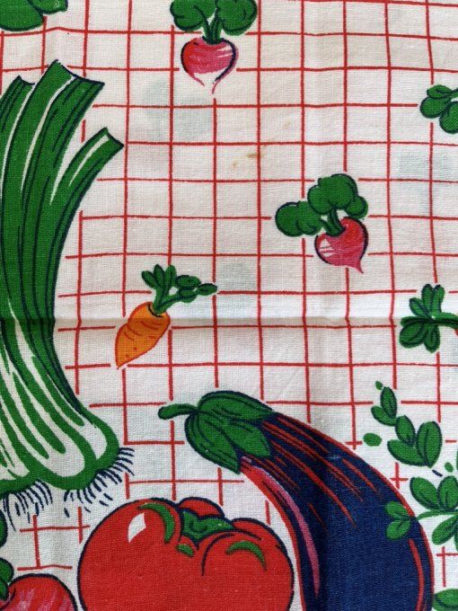 Lot de 3 torchons vintage années 70 - Motifs géométriques et potagers