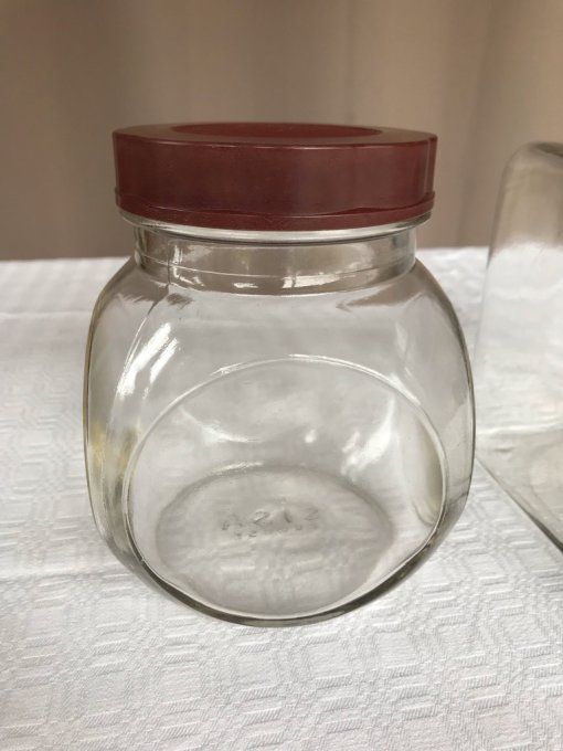Bocal ancien d'épicerie, en verre et bakélite