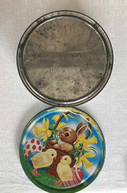 Boite métallique ronde pour Pâques, vintage, décor lapin et poussins 