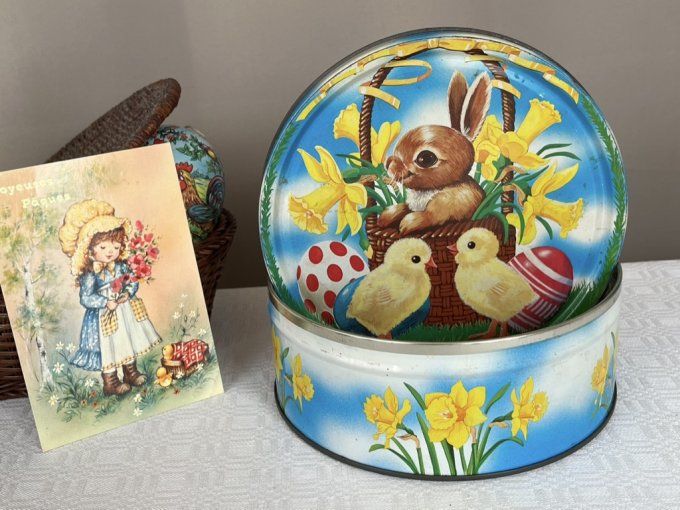 Boite métallique ronde pour Pâques, vintage, décor lapin et poussins 