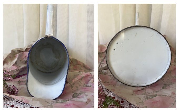 Grand broc ancien émaillé – Blanc et Bord Bleu – Décoration Campagne Chic