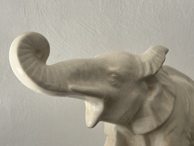 Sculpture en céramique craquelée, Éléphant signé Dolly, Le Jan, 1930