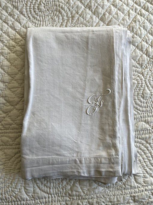 Ancien drap en lin, grand format, monogramme FR 