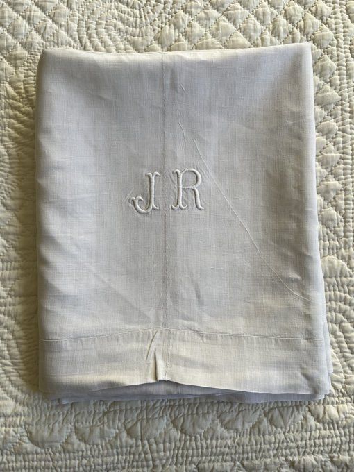 Drap en lin, très grande dimension, Monogramme JR 