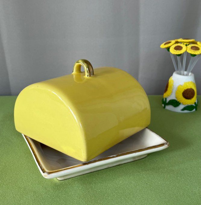 Ancien beurrier vintage Gorbon - Jaune et liseré doré - Design 1960/70