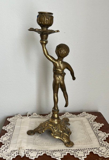 Ancien bougeoir en laiton massif - Figurine Putto / Angelot - Style Classique