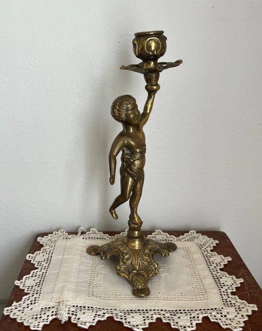 Ancien bougeoir en laiton massif - Figurine Putto / Angelot - Style Classique