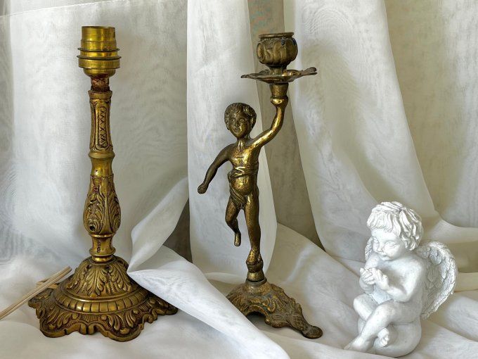 Ancien bougeoir en laiton massif - Figurine Putto / Angelot - Style Classique