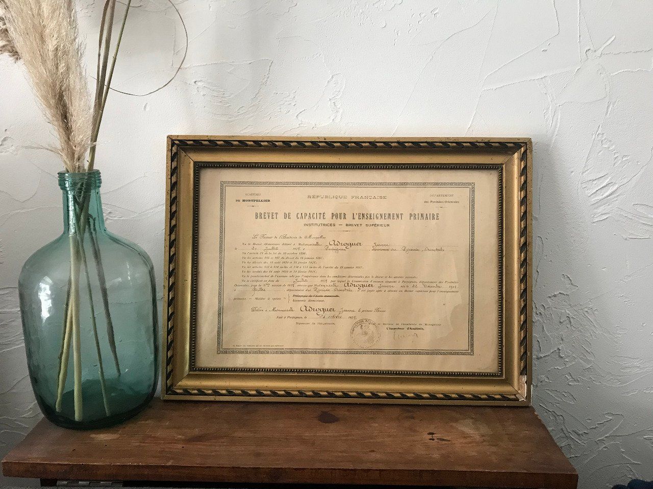 Ancien brevet de capacité pour l'enseignement primaire de 1928, encadré