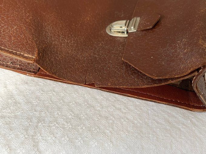 Ancien Cartable d'Écolier Vintage en Cuir Marron, Années 50/60