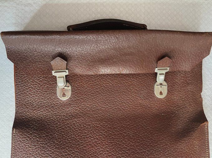 Ancien Cartable d'Écolier Vintage en Cuir Marron, Années 50/60