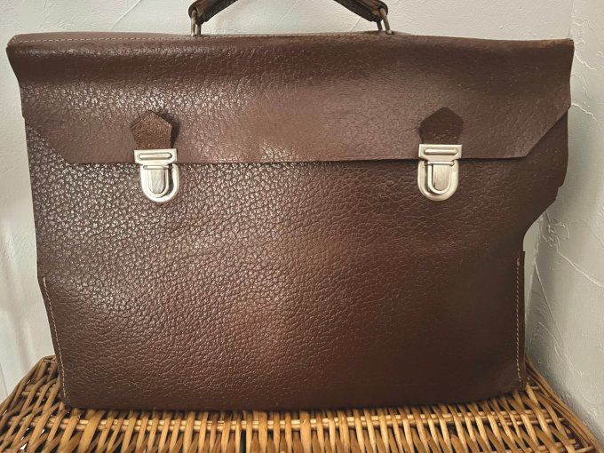 Ancien Cartable d'Écolier Vintage en Cuir Marron, Années 50/60