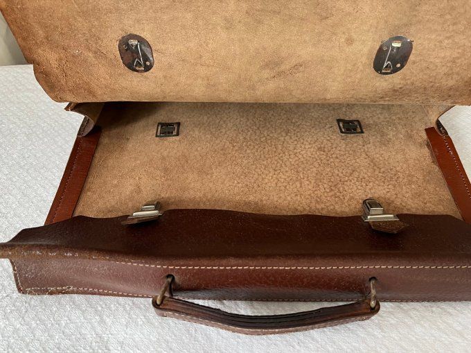Ancien Cartable d'Écolier Vintage en Cuir Marron, Années 50/60