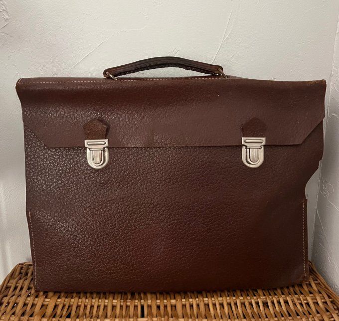 Ancien Cartable d'Écolier Vintage en Cuir Marron, Années 50/60
