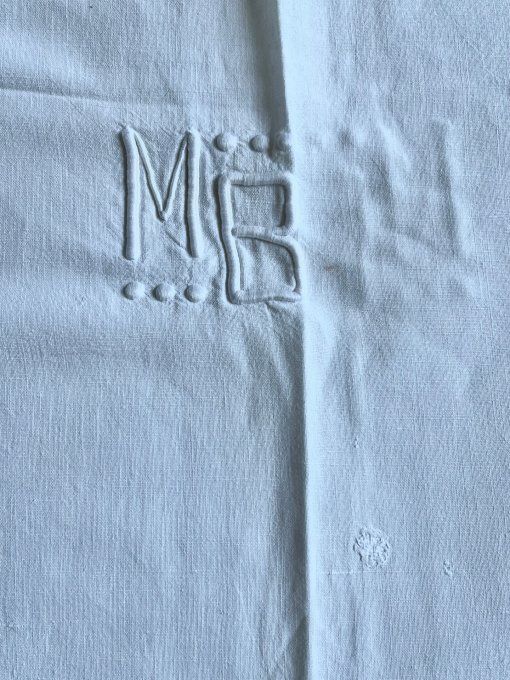 Ancien drap blanc en fil de lin, broderie, monogramme MB