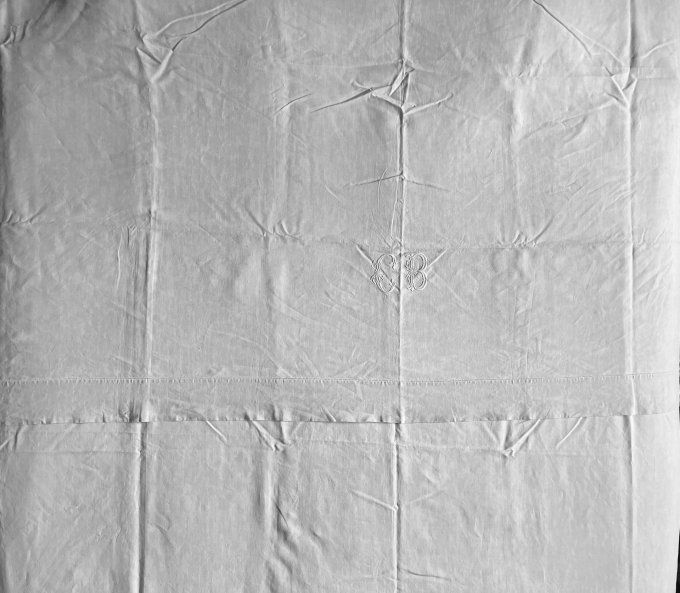 Ancien drap blanc en fil de lin, monogramme CB, grande dimension