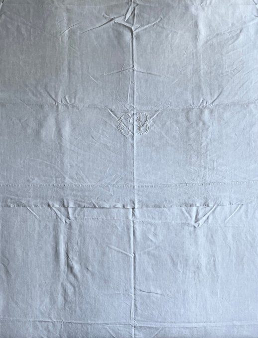 Ancien drap blanc en fil de lin, monogramme CB, grande dimension