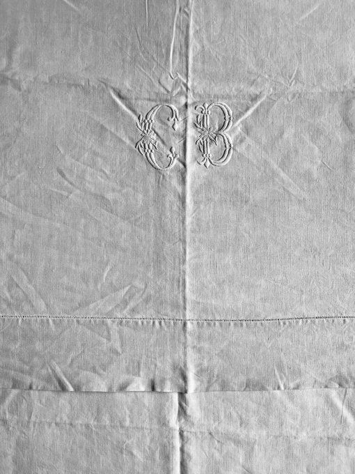 Ancien drap blanc en fil de lin, monogramme CB, grande dimension