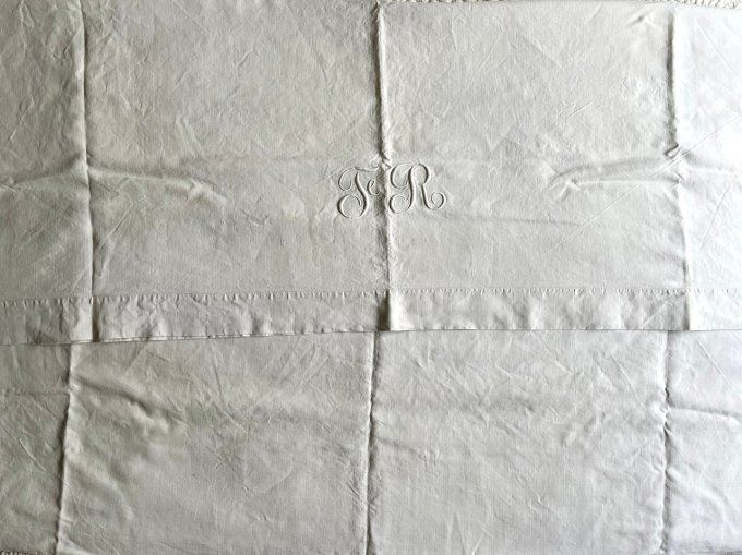 Ancien drap en lin, initiales brodé FR, 197 X 305 cm