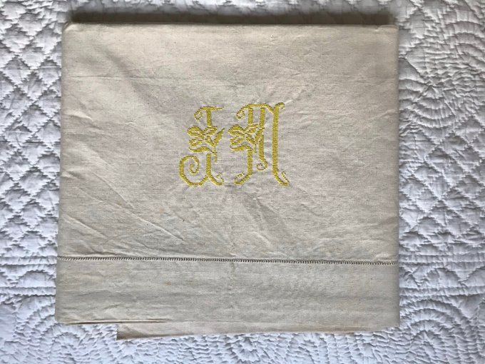 Ancien drap en métis, monogramme JM, Jamais utilisé !