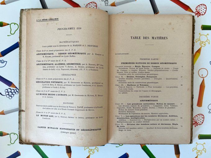Ancien livre scolaire 1938, Arithmétique & Dessin Géométrique, Classe de Sixième, Édition Hatier