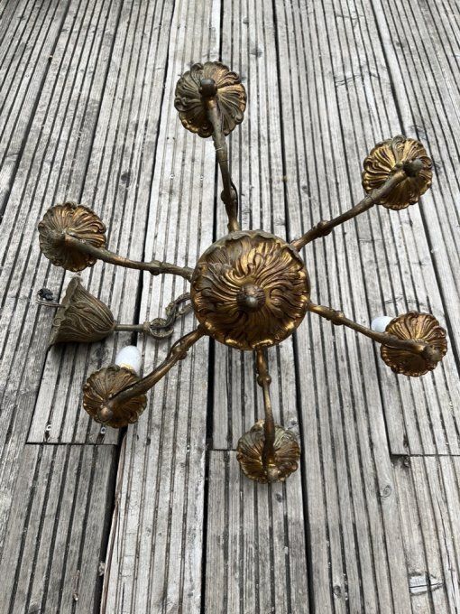 Ancien lustre suspension 6 bras de style Louis XV en bronze ou laiton patiné