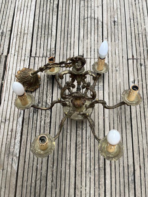 Ancien lustre suspension 6 bras de style Louis XV en bronze ou laiton patiné