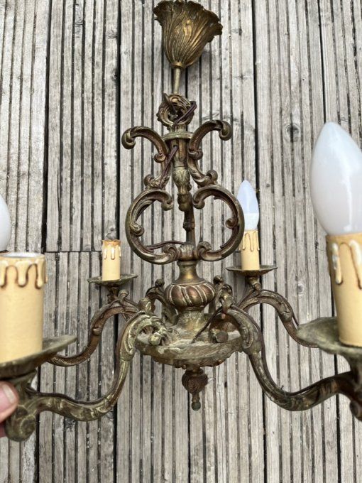 Ancien lustre suspension 6 bras de style Louis XV en bronze ou laiton patiné