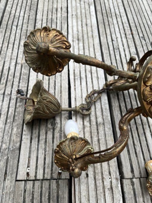 Ancien lustre suspension 6 bras de style Louis XV en bronze ou laiton patiné