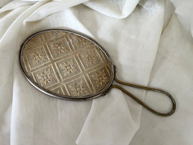 Ancien miroir à main, verre biseauté