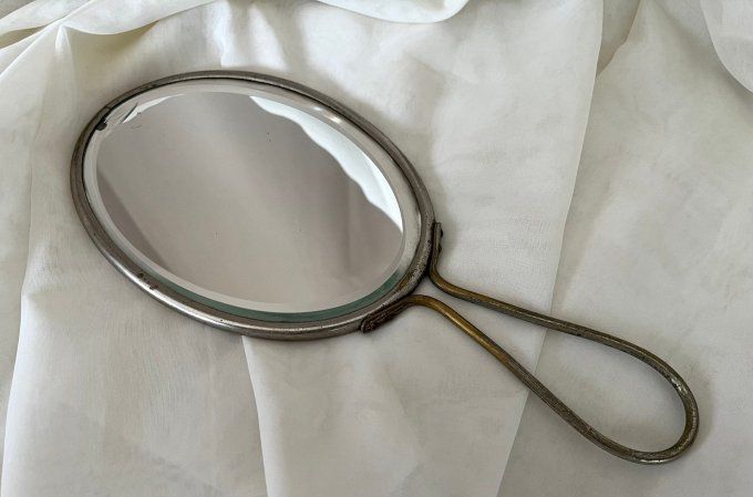 Ancien miroir à main, verre biseauté