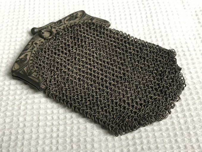 Ancien porte monnaie, bourse en cotte de mailles, Double compartiment