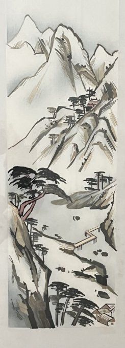 Ancien tableau chinois vertical paysage de montagne (Shanshui) en marqueterie de paille
