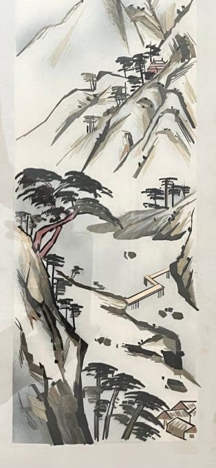 Ancien tableau chinois vertical paysage de montagne (Shanshui) en marqueterie de paille