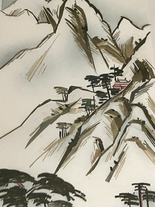 Ancien tableau chinois vertical paysage de montagne (Shanshui) en marqueterie de paille