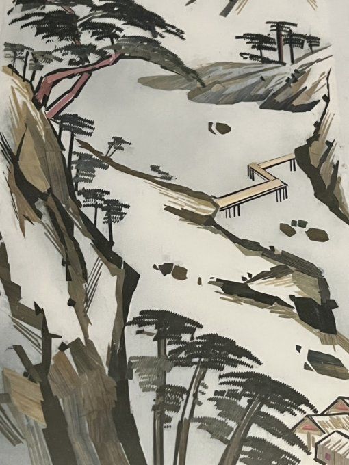 Ancien tableau chinois vertical paysage de montagne (Shanshui) en marqueterie de paille