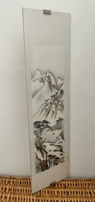 Ancien tableau chinois vertical paysage de montagne (Shanshui) en marqueterie de paille