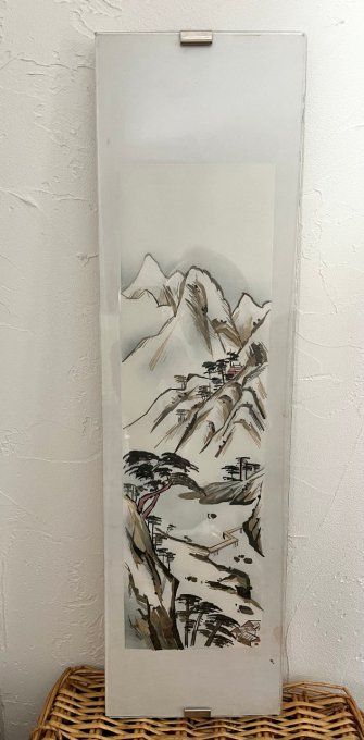 Ancien tableau chinois vertical paysage de montagne (Shanshui) en marqueterie de paille