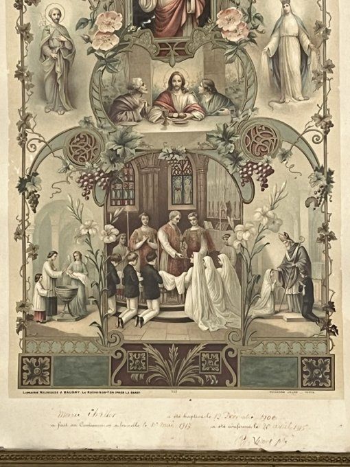Ancien Tableau Communion Solennelle 1917. Cadre en Bois, Objet de décoration Historique