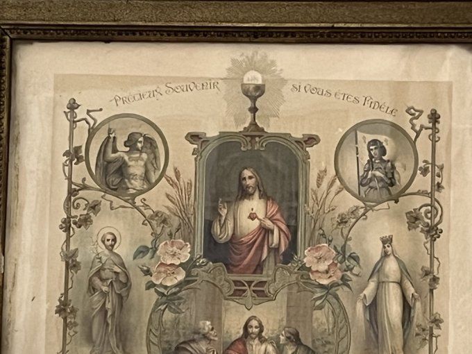 Ancien Tableau Communion Solennelle 1917. Cadre en Bois, Objet de décoration Historique