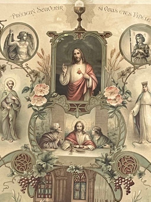 Ancien Tableau Communion Solennelle 1917. Cadre en Bois, Objet de décoration Historique