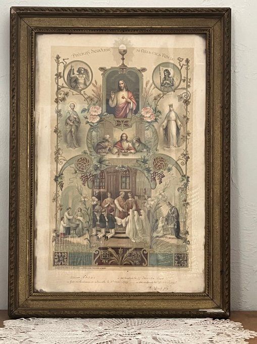Ancien Tableau Communion Solennelle 1917. Cadre en Bois, Objet de décoration Historique