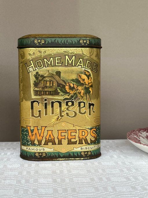 Ancienne boîte à biscuits, tôle lithographiée Home Made Ginger Wafers