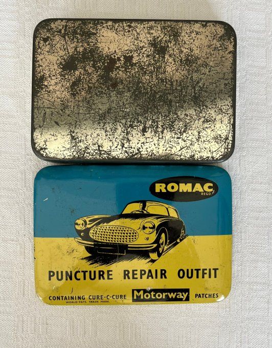 Ancienne boîte anglaise, en métal lithographié Romac - Kit réparation vintage - 1950.