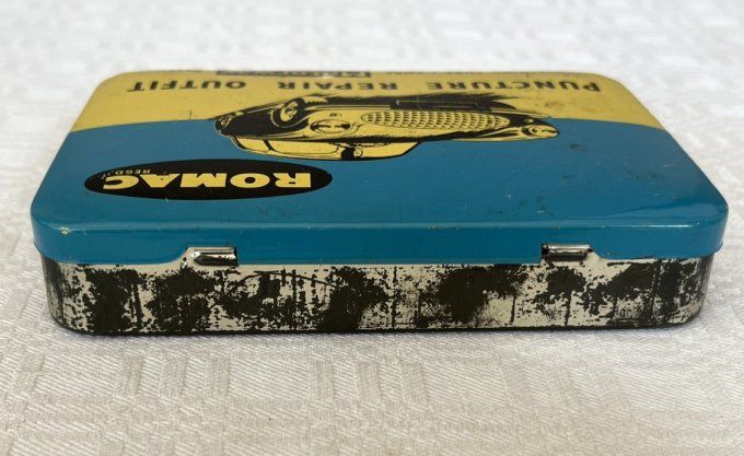 Ancienne boîte anglaise, en métal lithographié Romac - Kit réparation vintage - 1950.