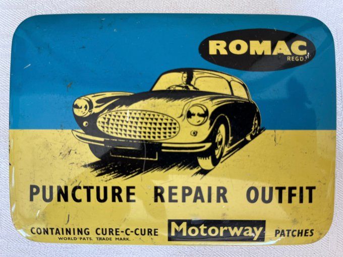 Ancienne boîte anglaise, en métal lithographié Romac - Kit réparation vintage - 1950.