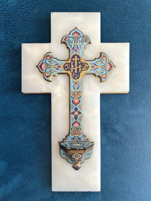 Ancienne croix avec benitier cloisonné sur marbre blanc, XIXe siècle